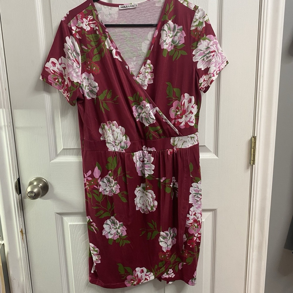 MS Basic Red V Neck Floral Dress With Pink& White Flowers Sz. L Wedding/Easter